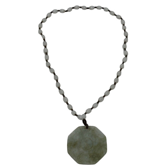 White Glass Bead 22" Necklace Green Nephrite Jade Carved Octagonal Pendant China - Picture 16 of 16